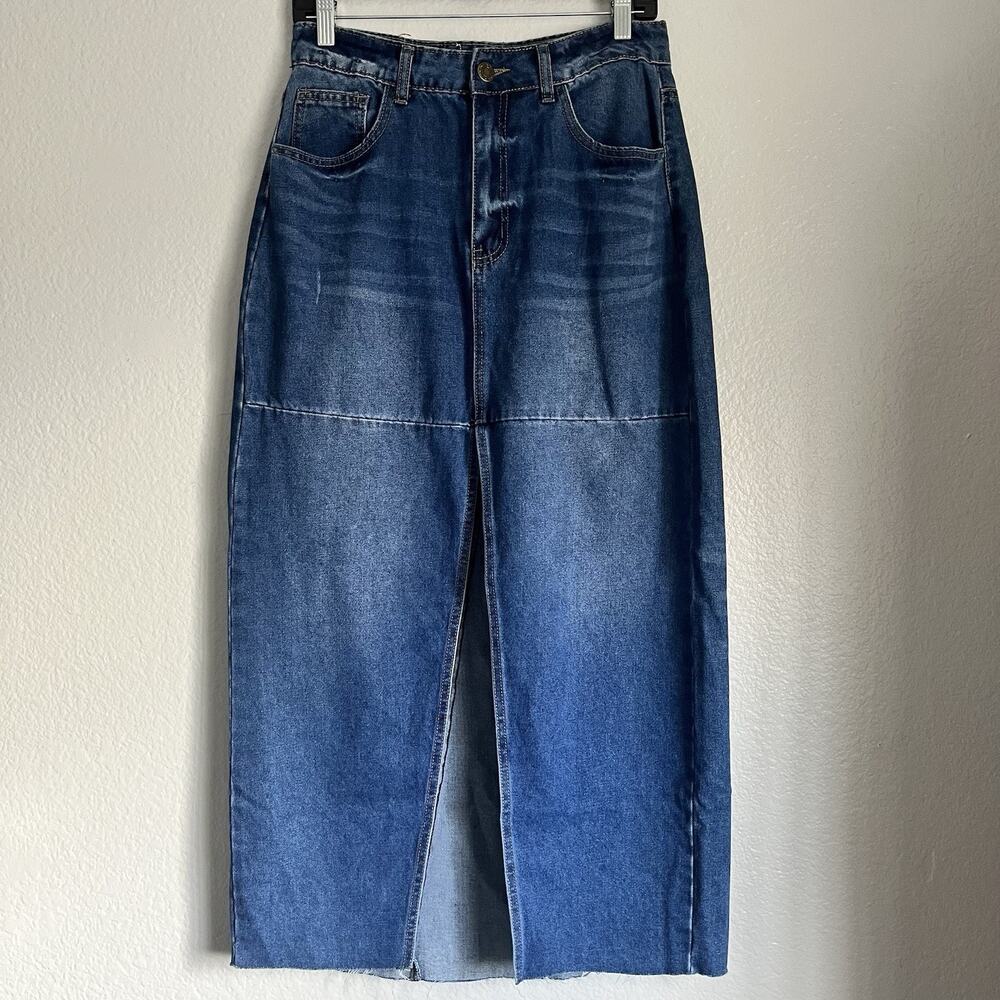 Flying Angel Denim Maxi Skirt Front Slit Raw Hem Pockets Y2K  Jr 11 29x37 Boho